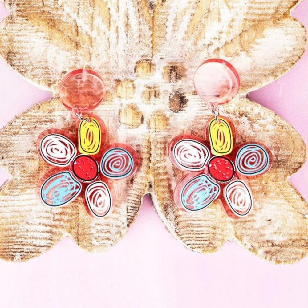 Acrylic Multi Color‎ Flower Earrings Post Back NWT